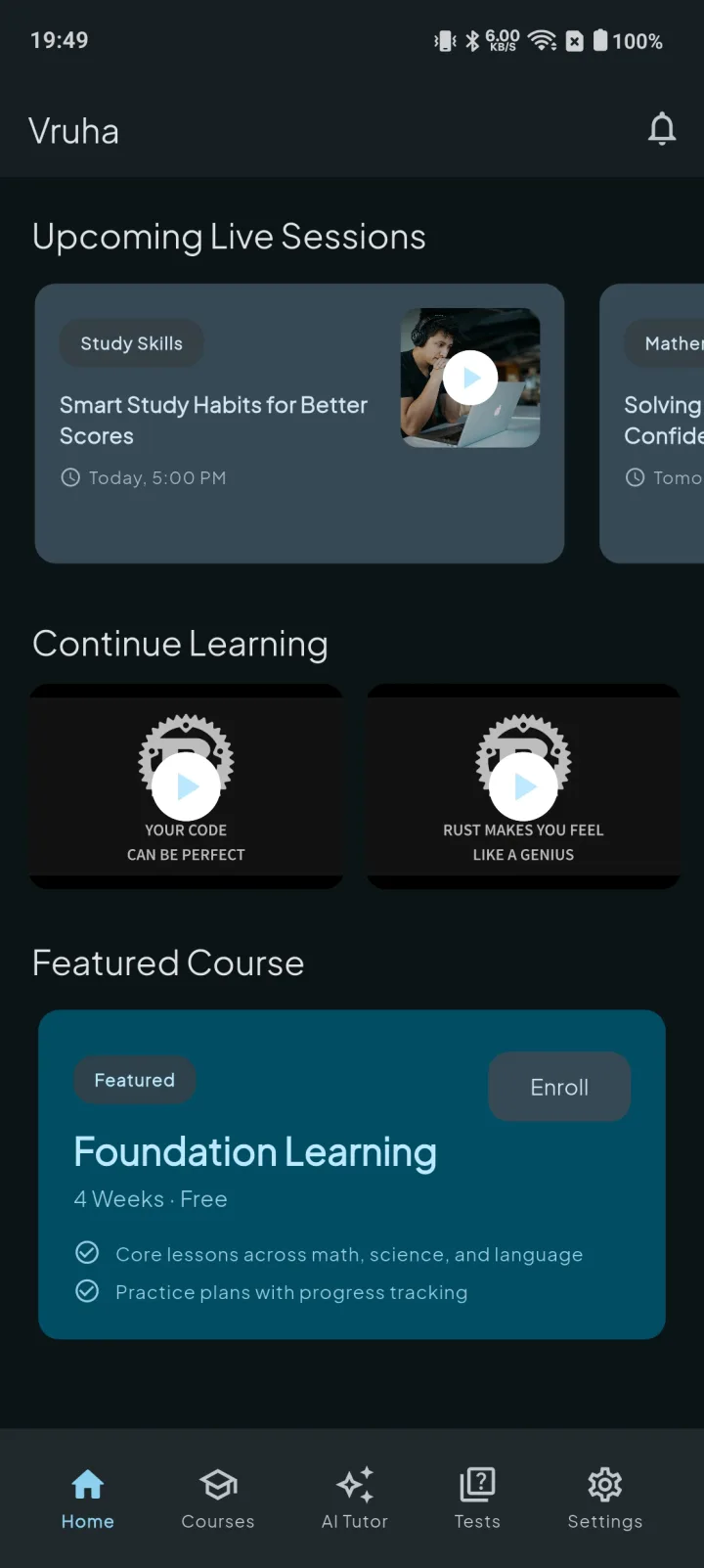 Home screen in the Vruha app